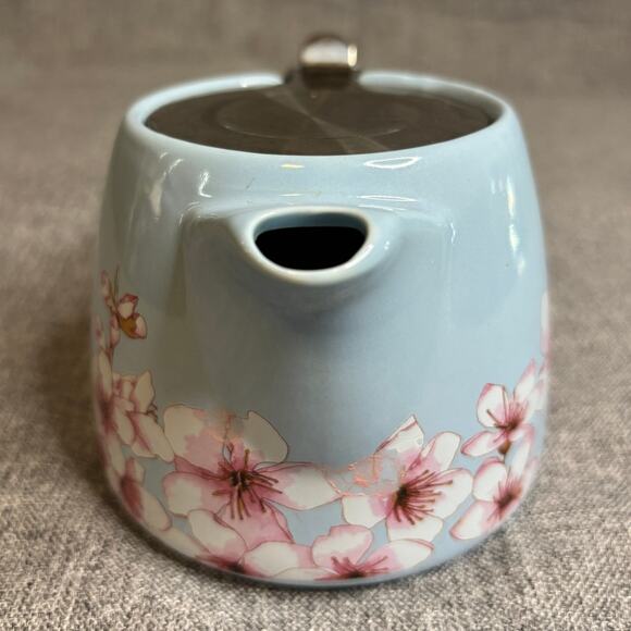Blue Teapot w/ Cherry Blossoms.  Ceramic with steel Infuser. - Picture 3 of 8